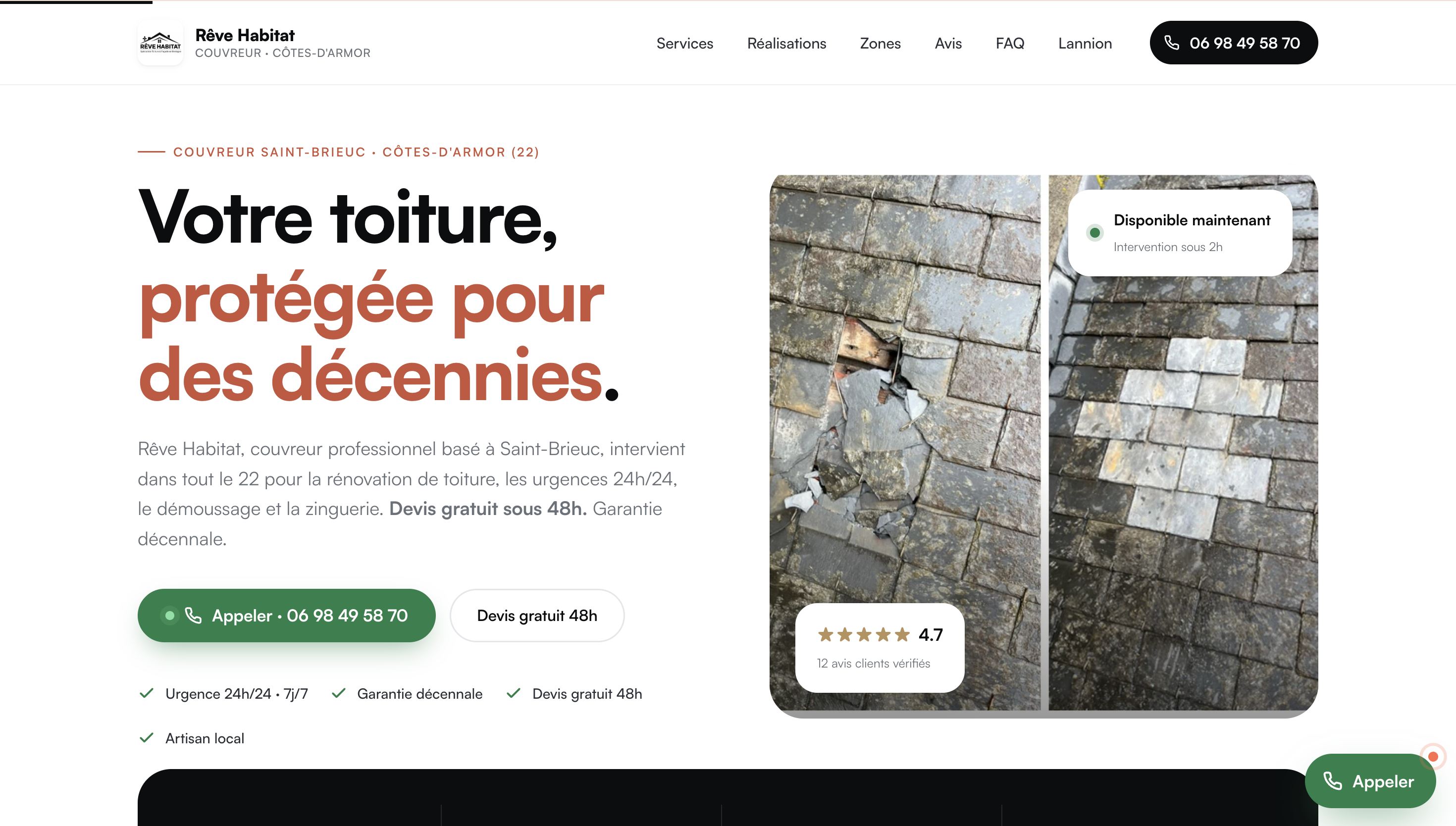 Aperçu du site Rêve Habitat — Couvreur Côtes-d'Armor